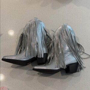 Shimmering Silver Fringe Heeled Boots